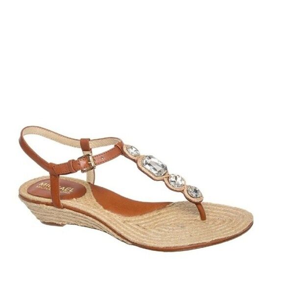 New! MICHAEL KORS Women's Rhinestone T-Strap Espadrille Sandals Size 8 Brown - Picture 3 of 14
